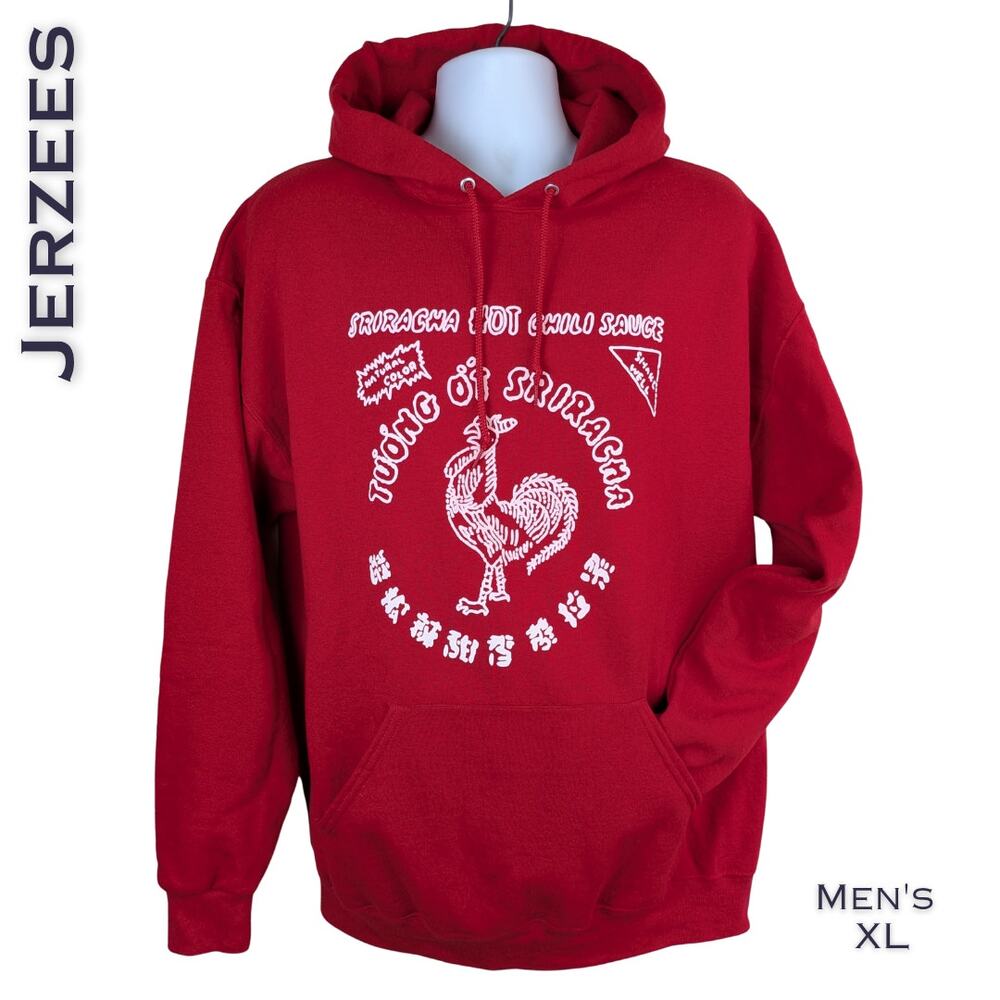 Jerzees Mens Hoodie XL Red Sriracha Graphic Pullover Sweatshirt Heavyweight
